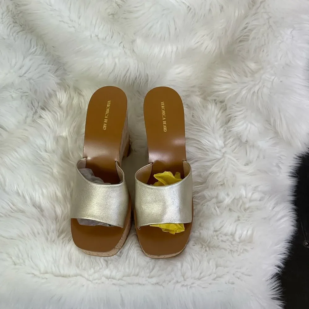 NEW Veronica Beard Gold Paulita Metallic Leather Wedge Sandals Size 10 M